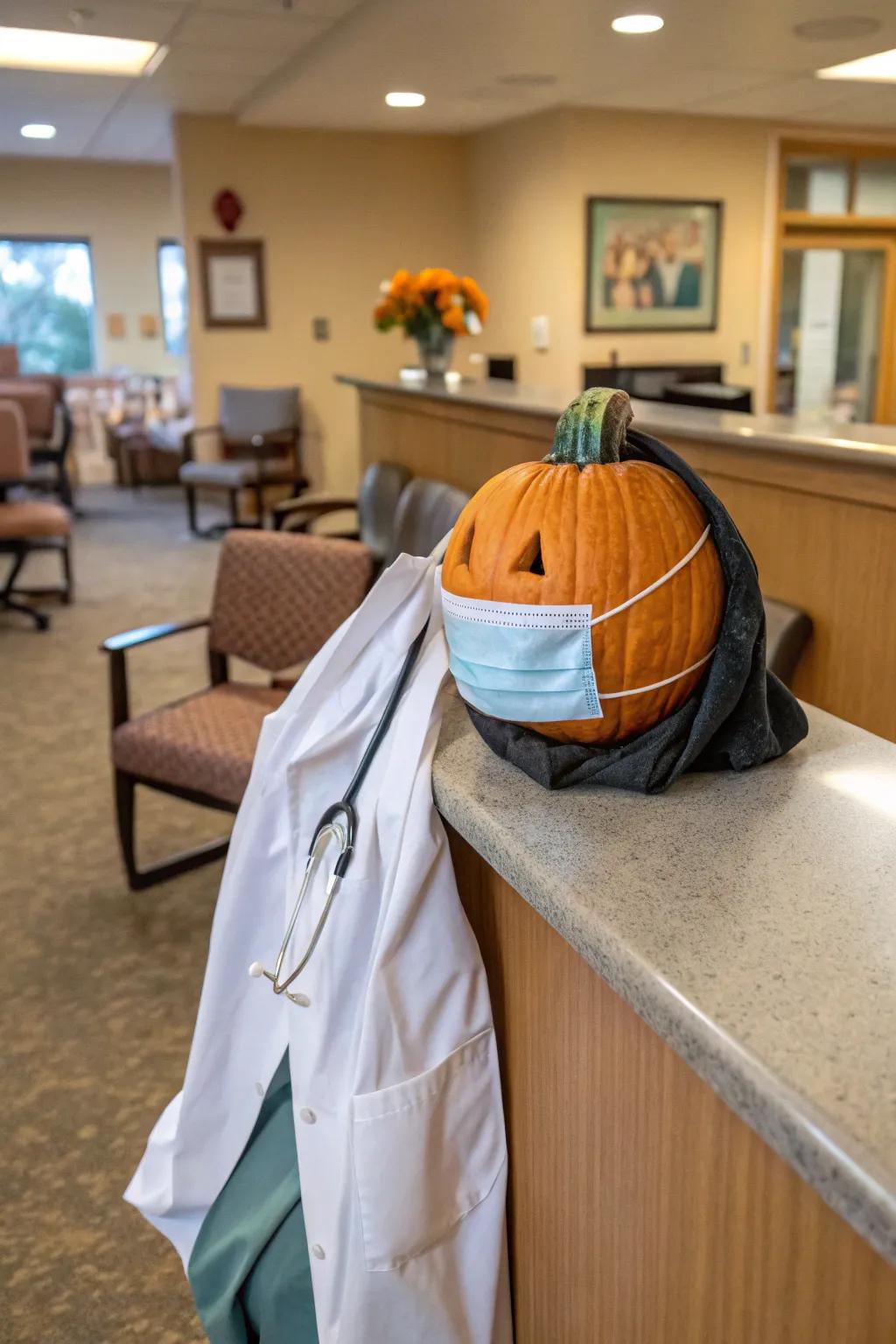 A pumpkin dressed as a doctor brings smiles to all.