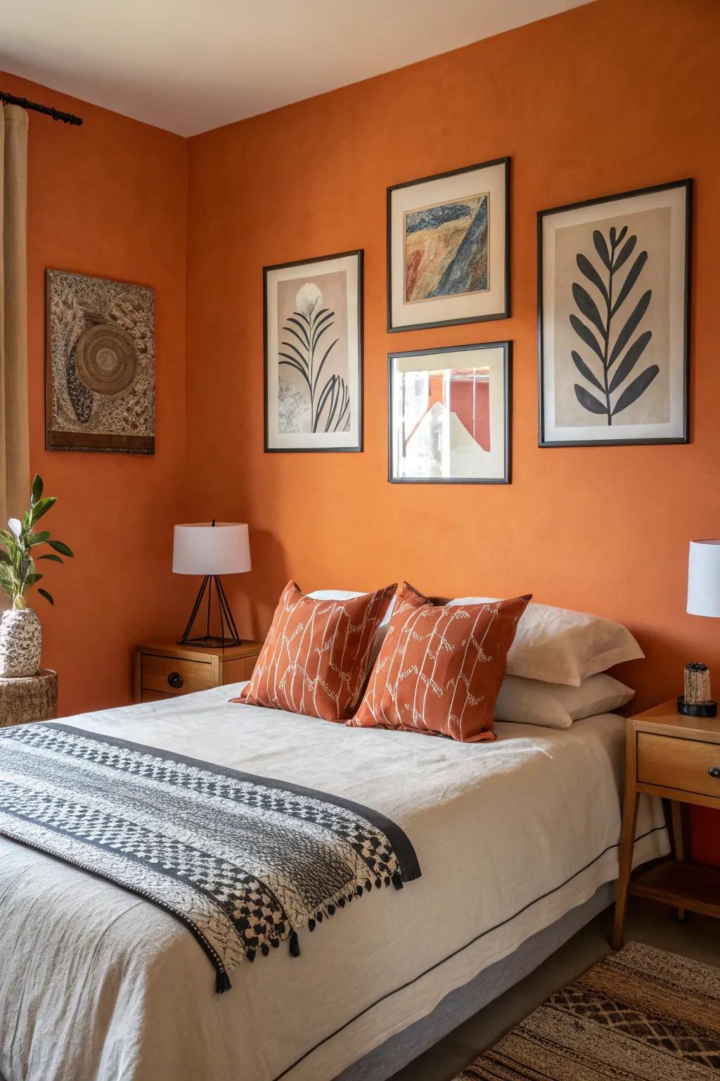 Art pieces enhance and harmonize with the orange walls.