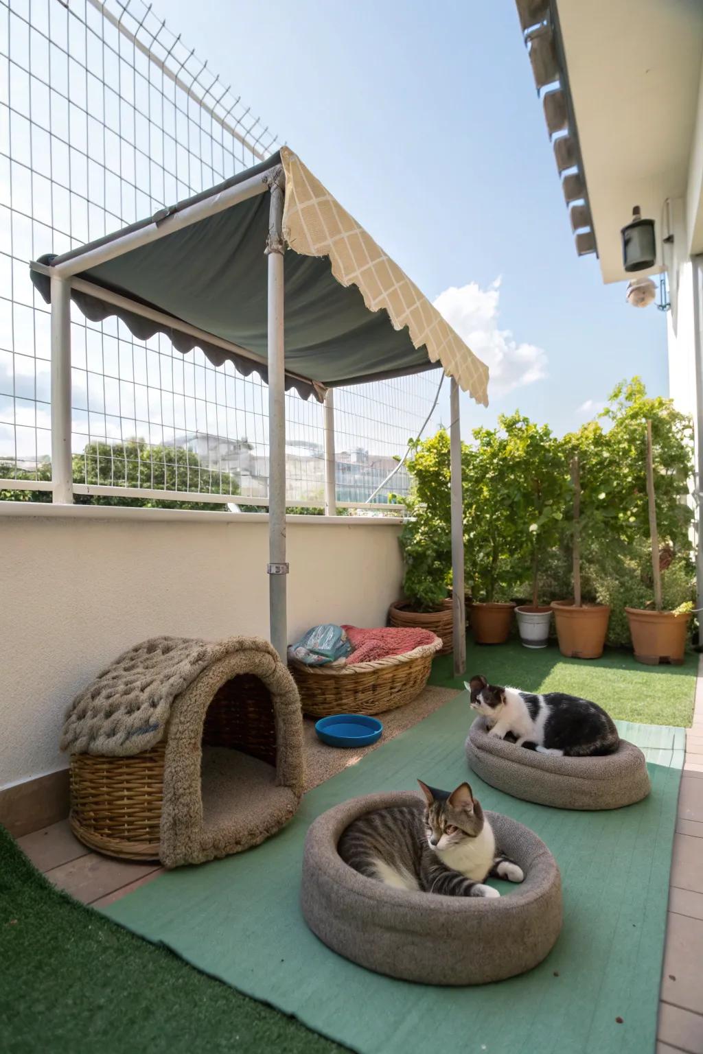 A cozy, shaded spot for feline relaxation and shelter.