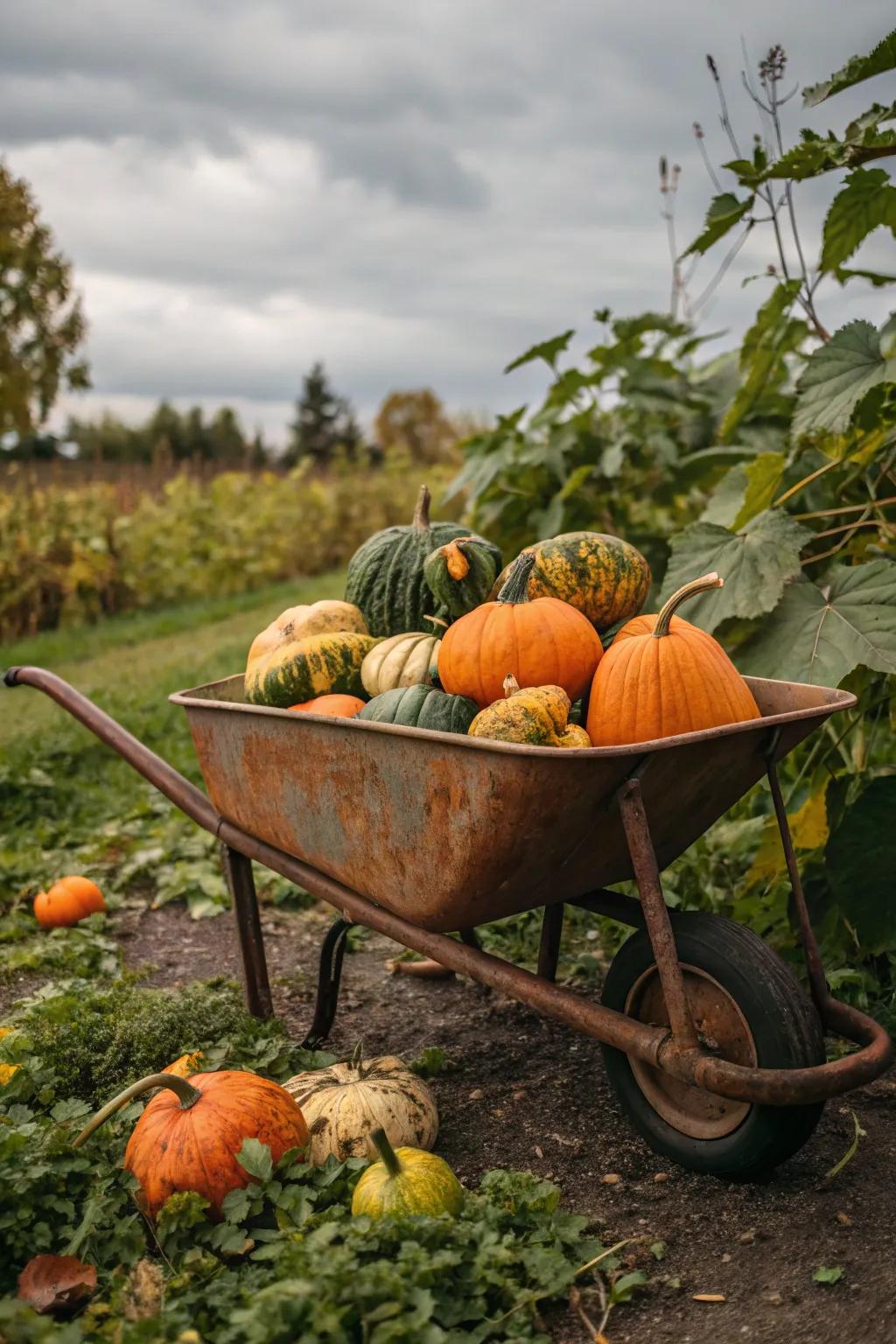 A wheelbarrow overflowing with pumpkins and gourds creates a nostalgic scene.