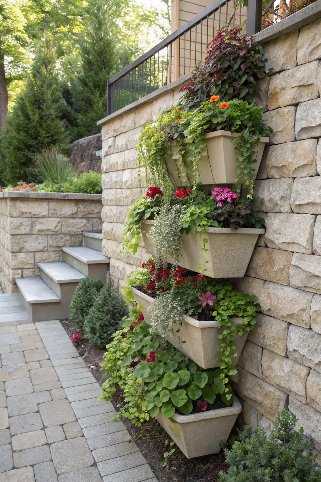 Achieve a lush look with tiered planter arrangements.