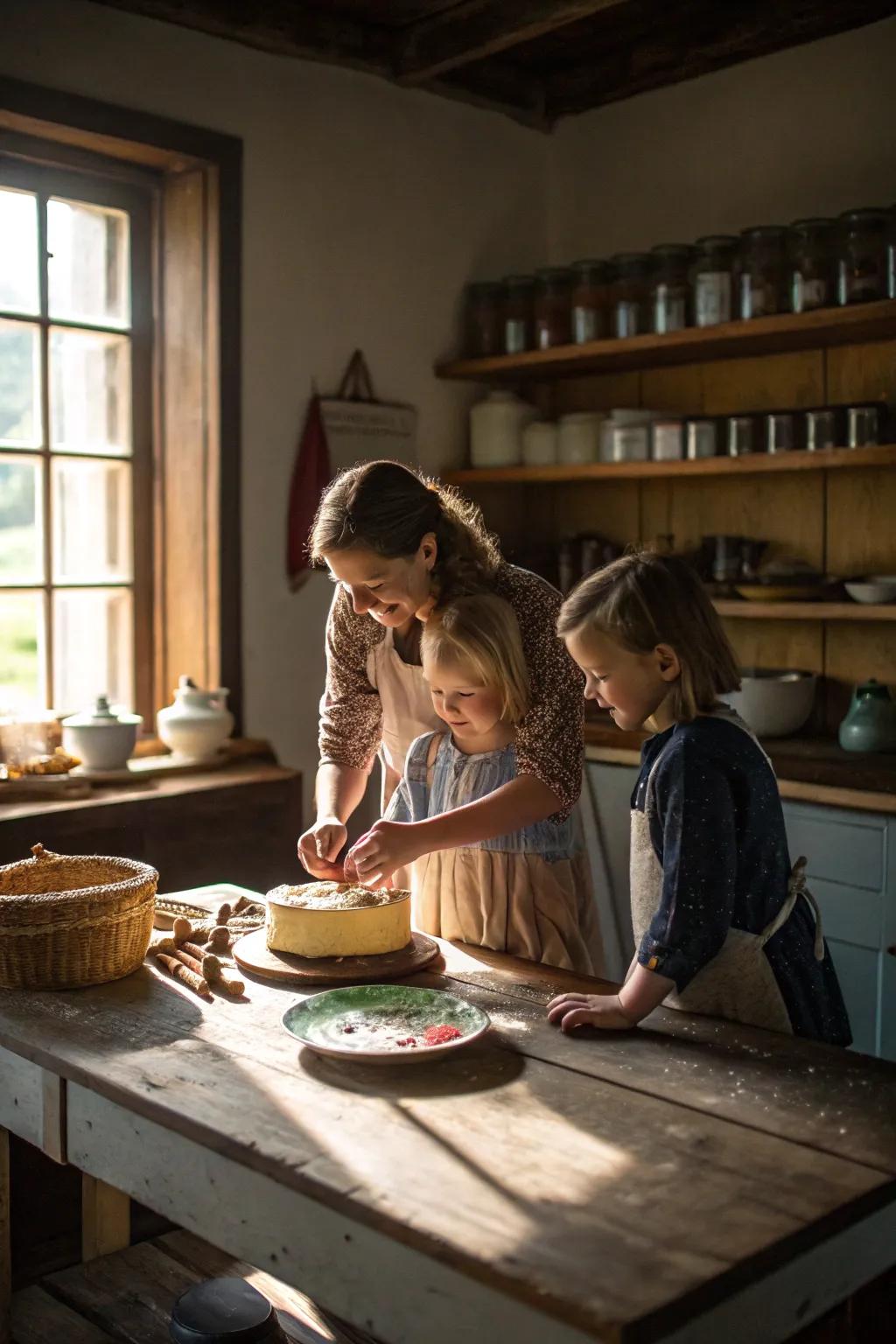 A family reveling in baking collectively in a rustic kitchen.
