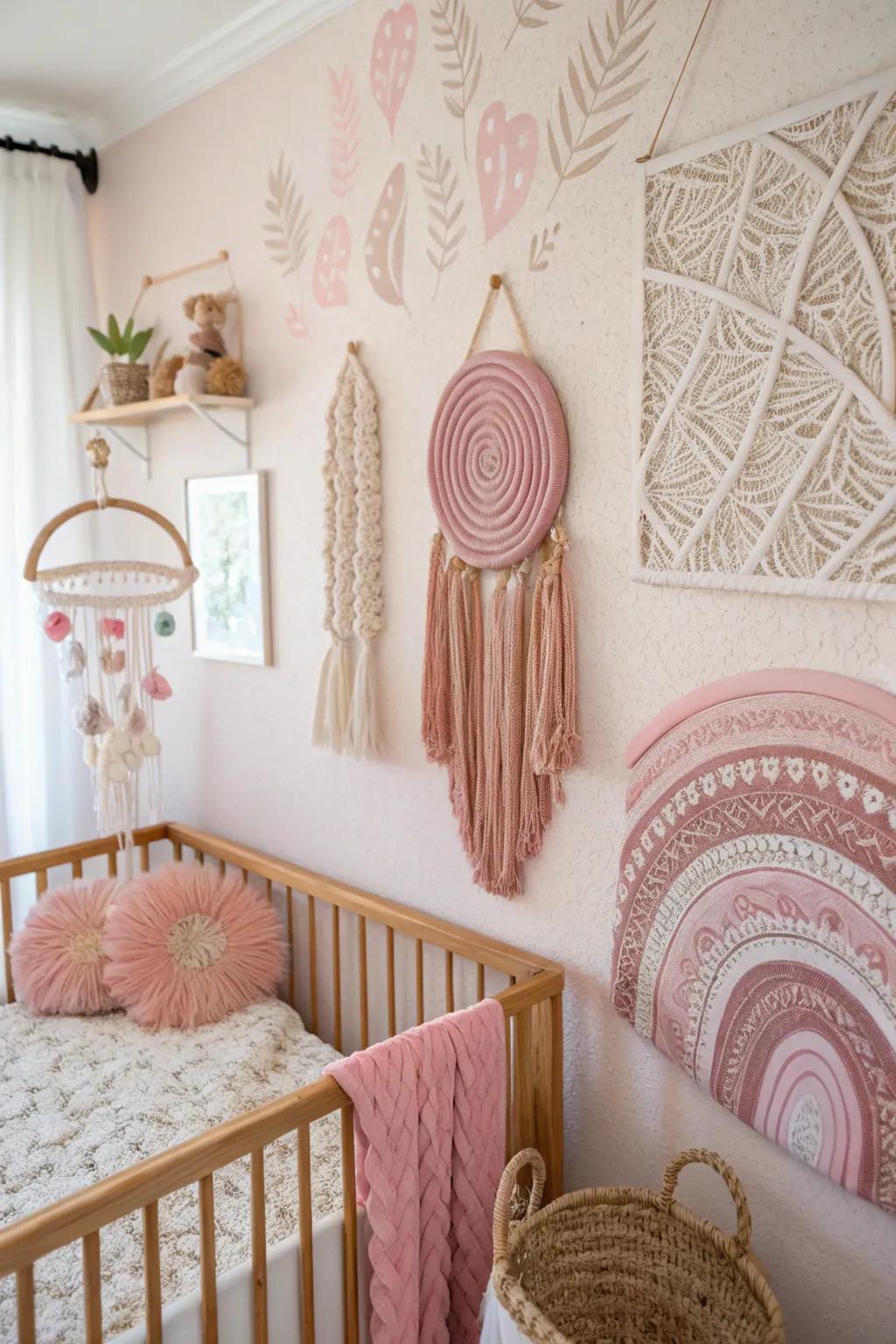 Boho-chic hanging wall ornaments inject texture and warmth into the nursery.