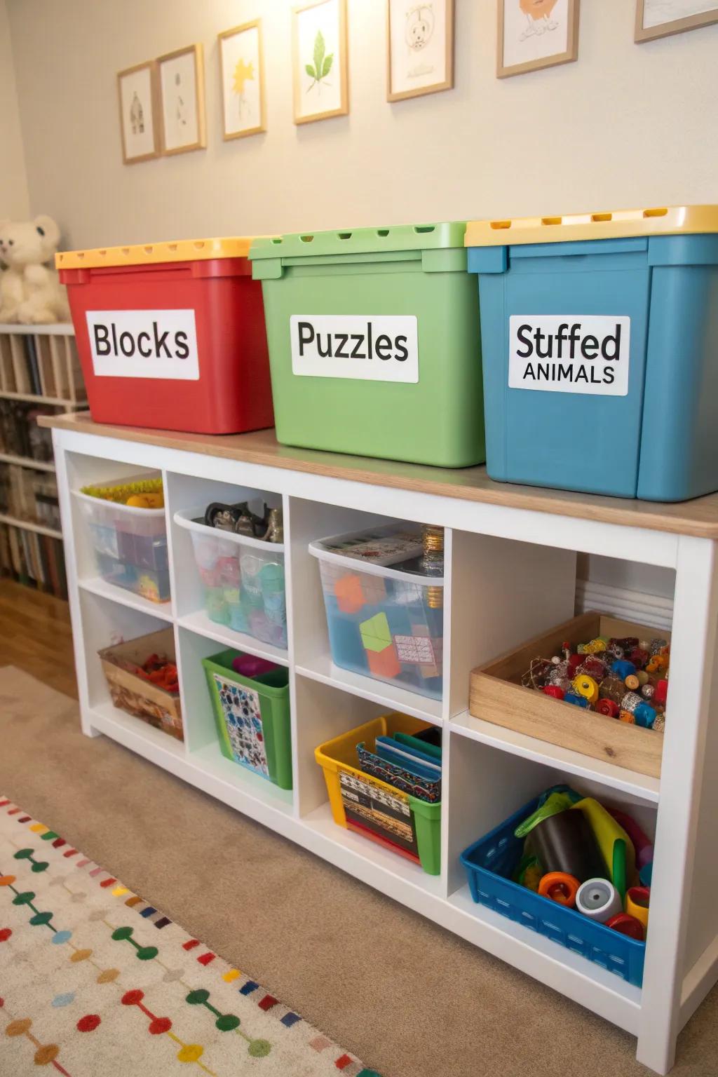 Playroom bins with clear labels, ensuring everything stays in its place.