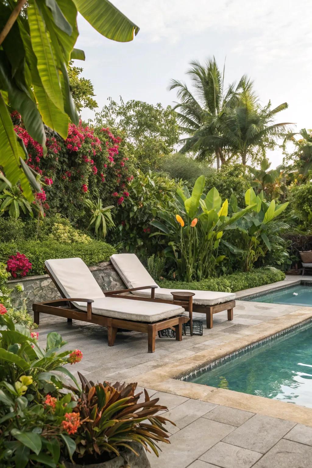 Lush greenery enhances the tranquility of your poolside retreat.