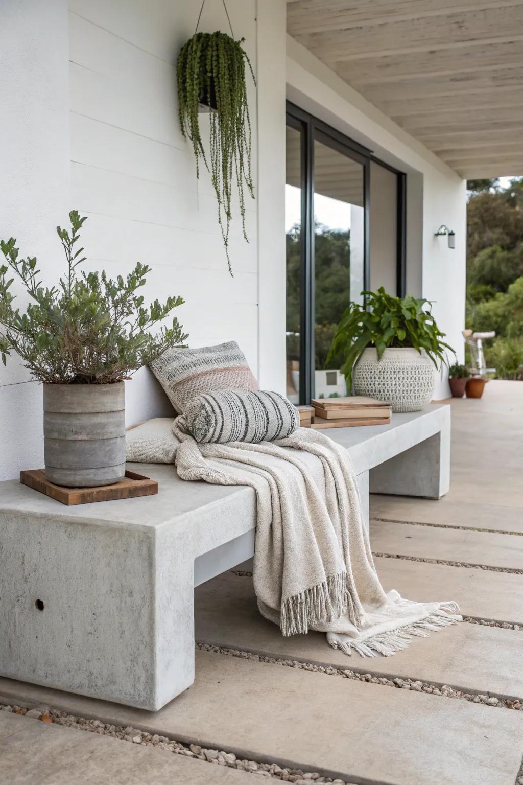 A concrete bench brings modern minimalism to the porch.