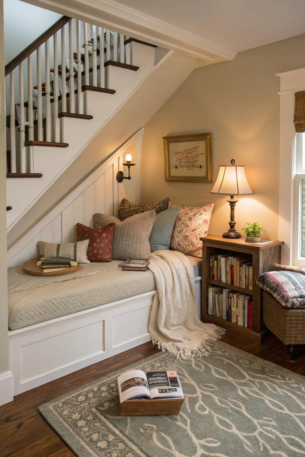 A hidden reading nook under the stairs, perfect for quiet moments.