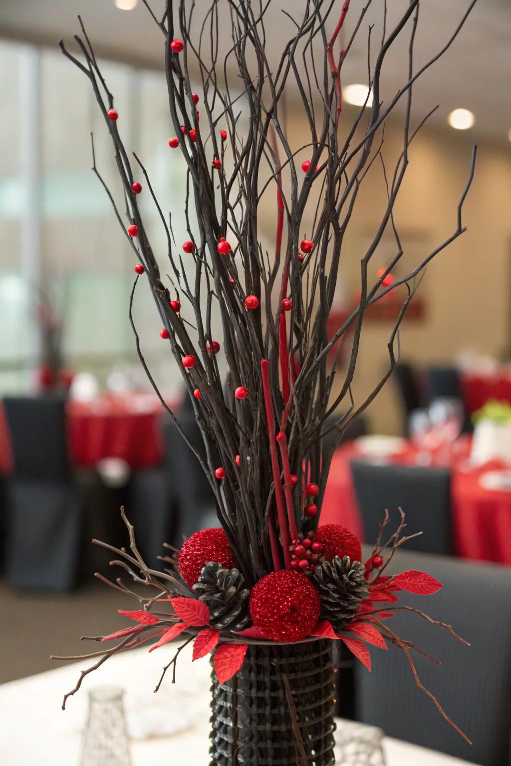 Black twigs with red accents form an artistic and creative centerpiece.