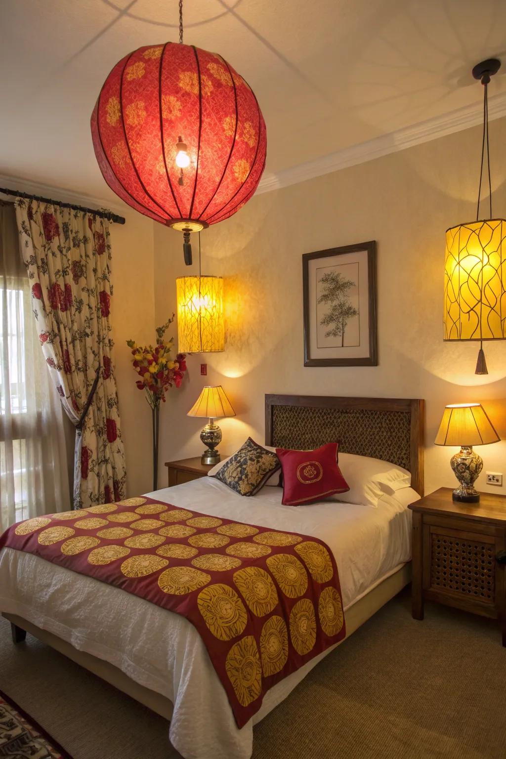 Warm lighting enhances the inviting ambiance in this scarlet and gold-themed bedroom.