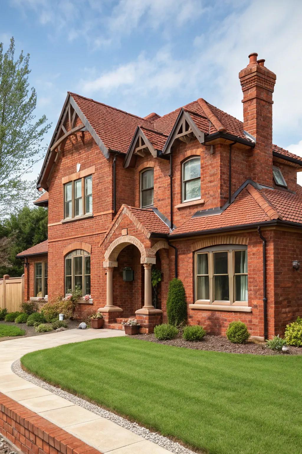 Earthen trim fashions a cohesive and organic aesthetic for red brick dwellings.