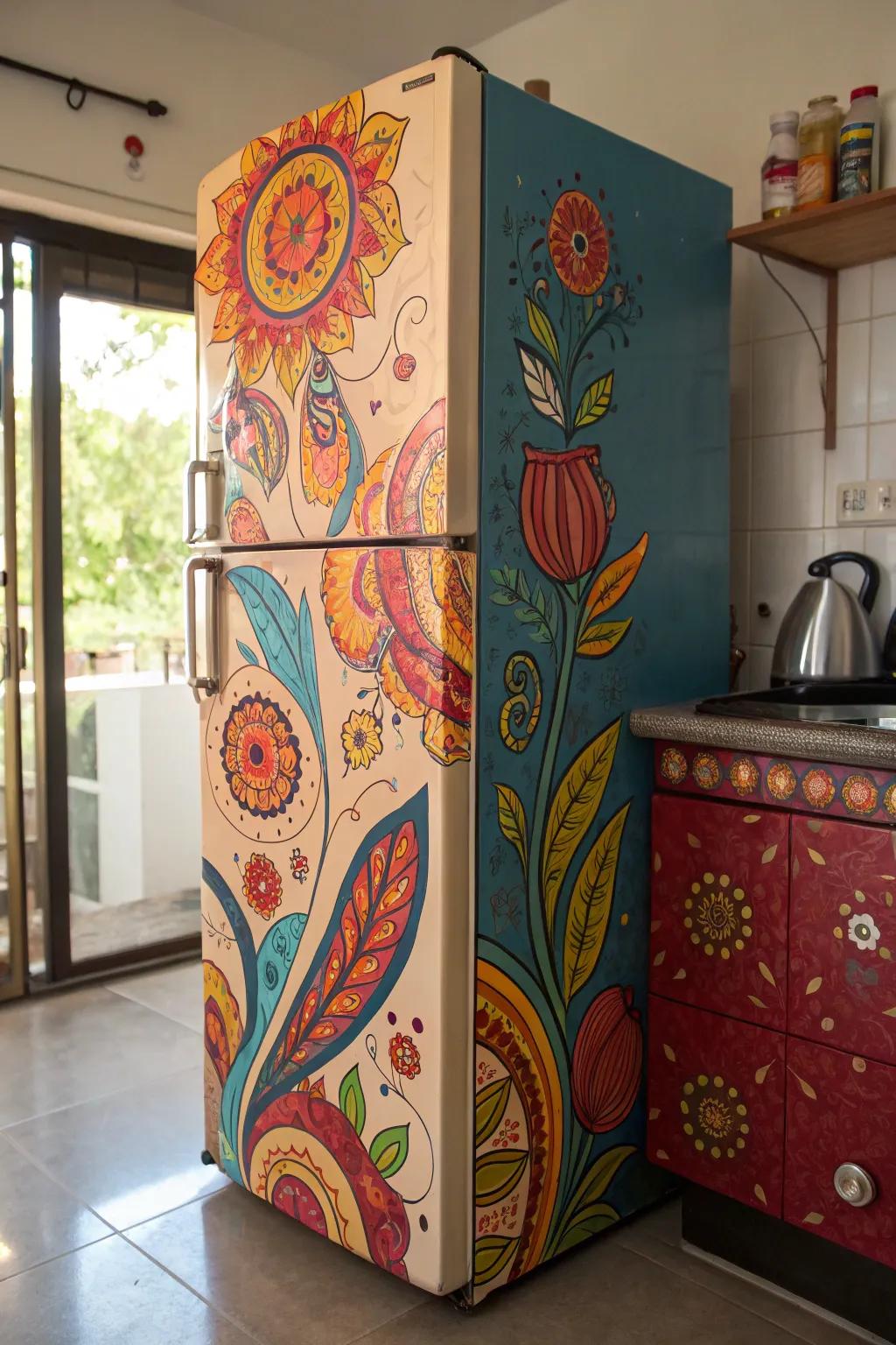 A refrigerator adorned with artistic decals, making a bold statement.