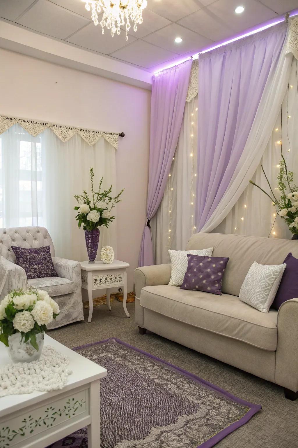 A soothing chromatic arrangement featuring understated neutrals and lilac highlights.