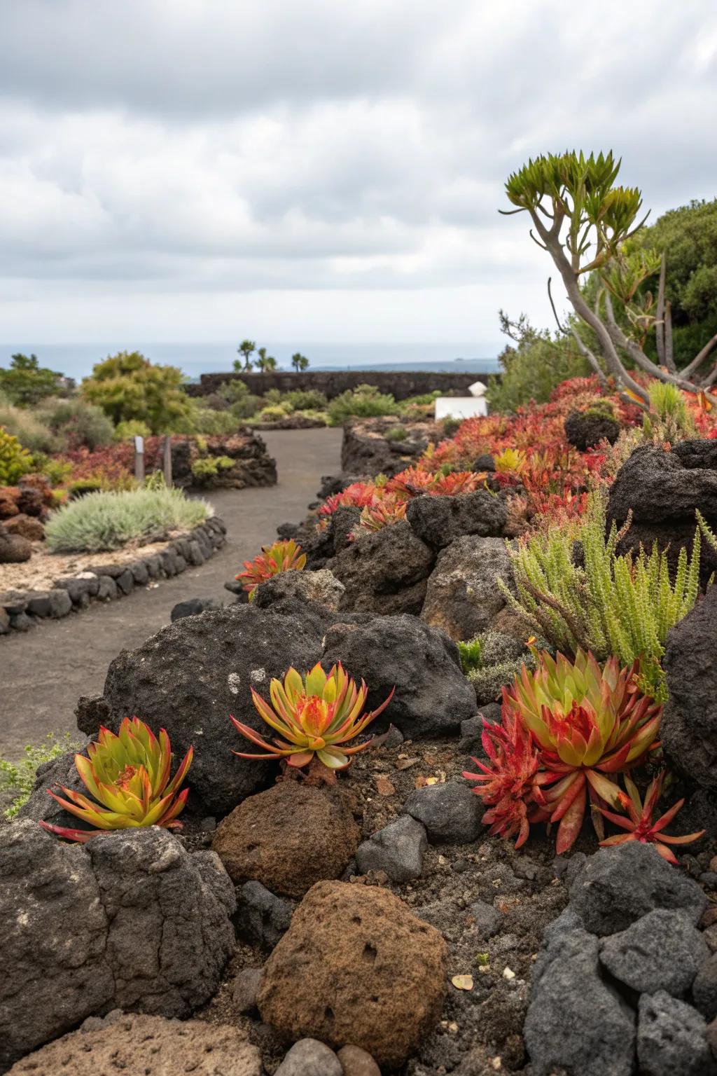 Lava rocks paired with succulents for striking contrast.