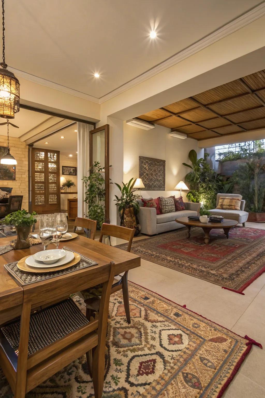 Rugs used to elegantly define areas in an open-plan room.