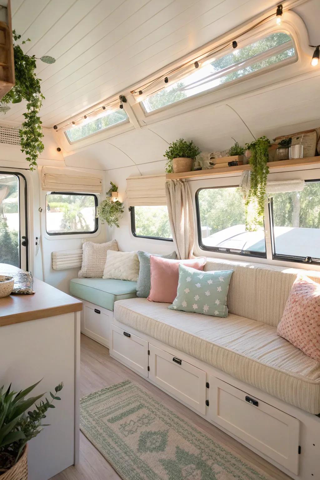 Light colors and thoughtful lighting create a spacious, open ambiance.