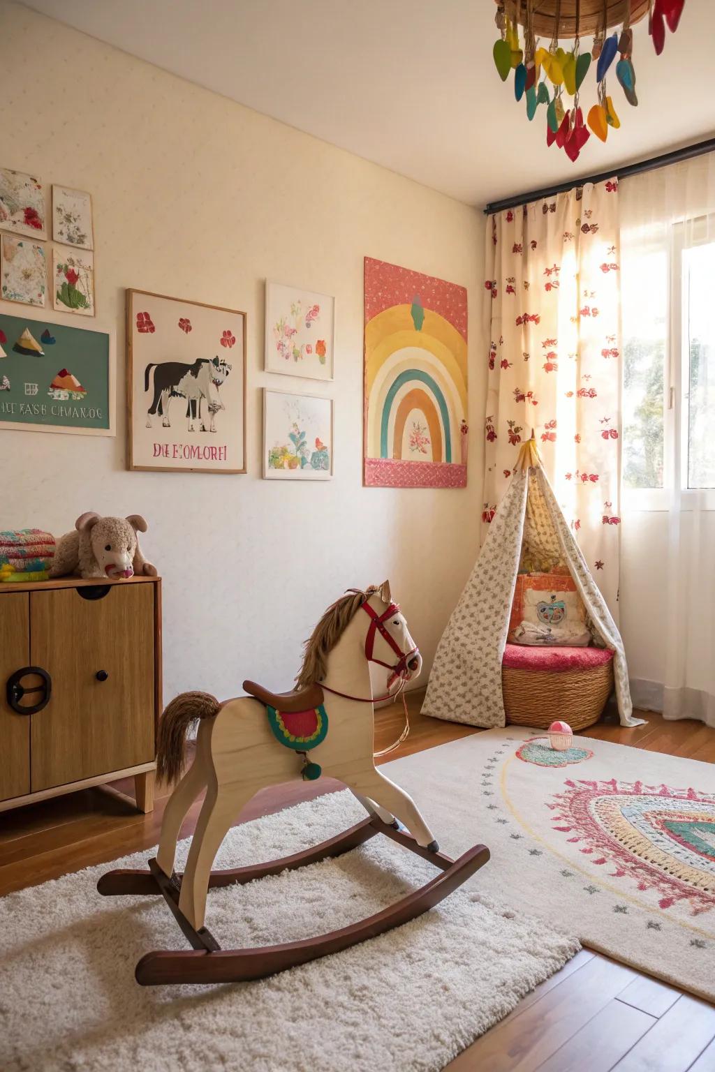 A saddle rocking horse adds a whimsical touch to this cheerful children's room.