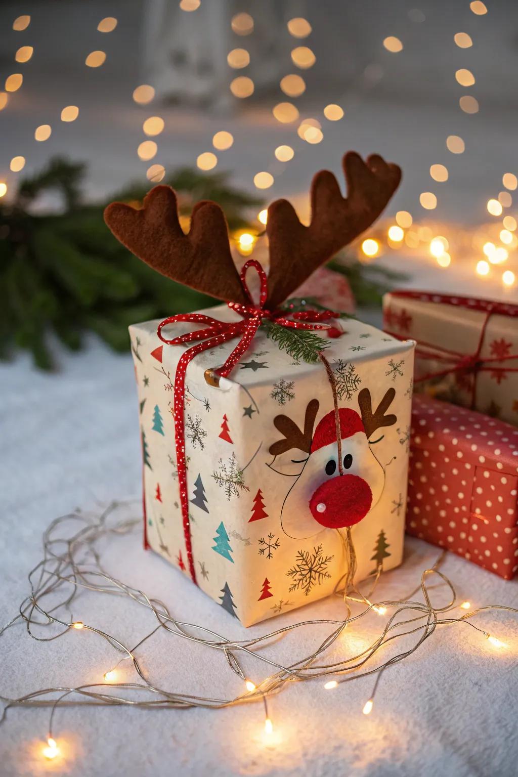 A Rudolph detail incorporates additional charm to a Santa container.
