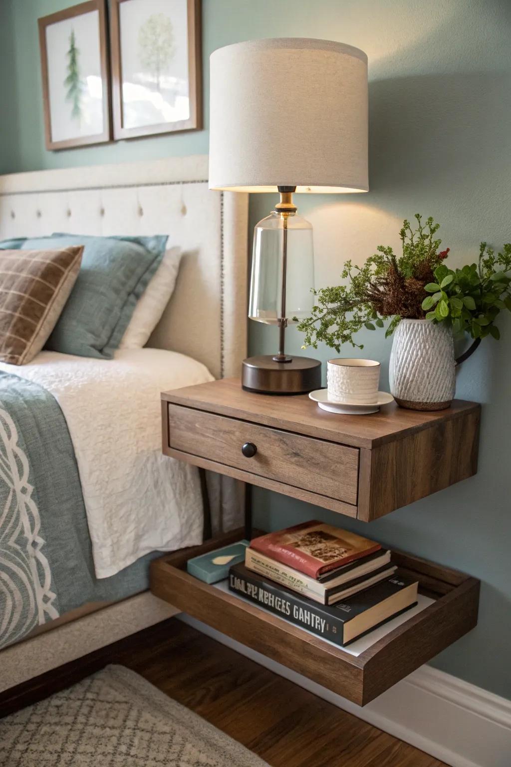 Floating shelves make perfect nightstands in small spaces.