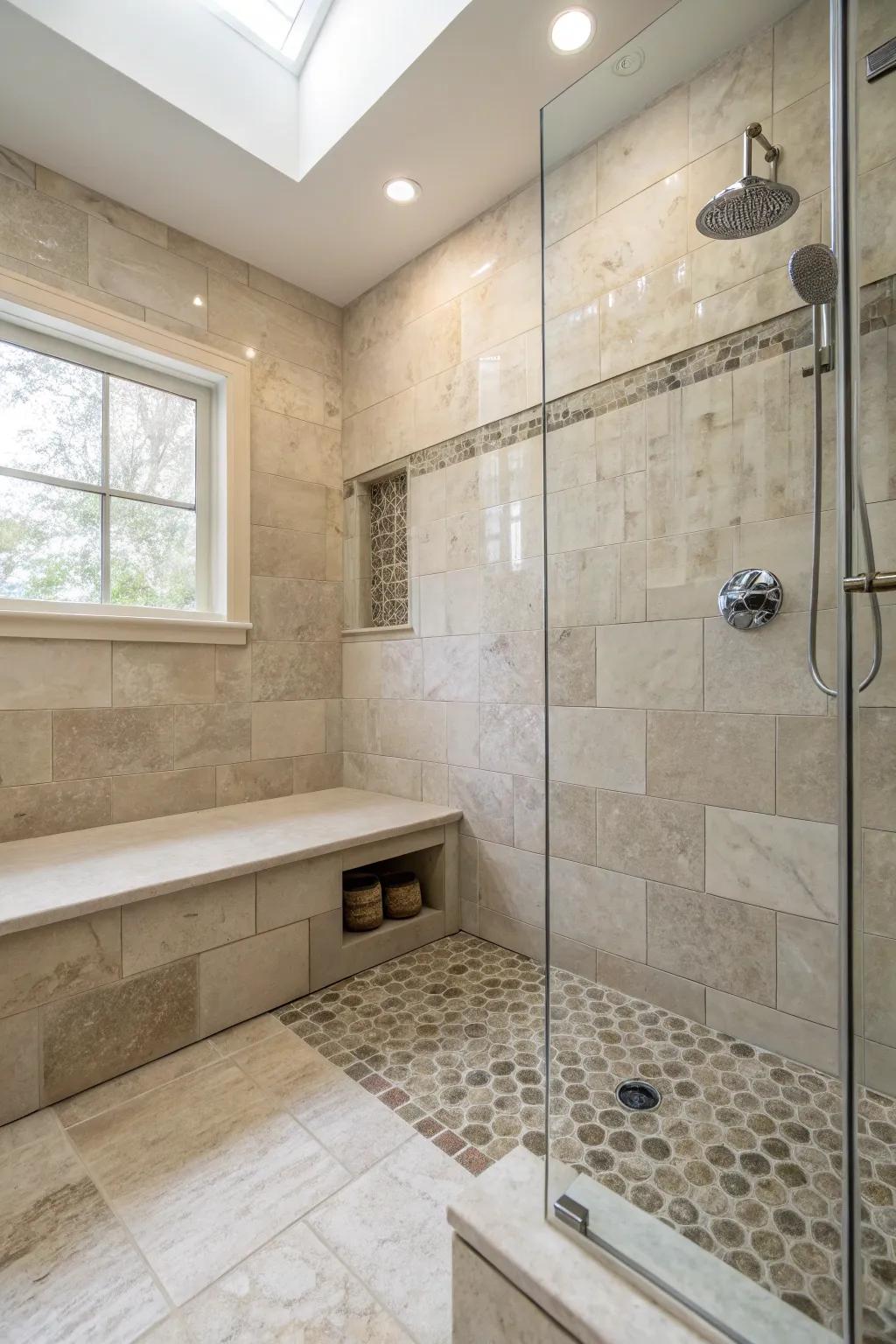 Built-in benches add both style and functionality to showers.