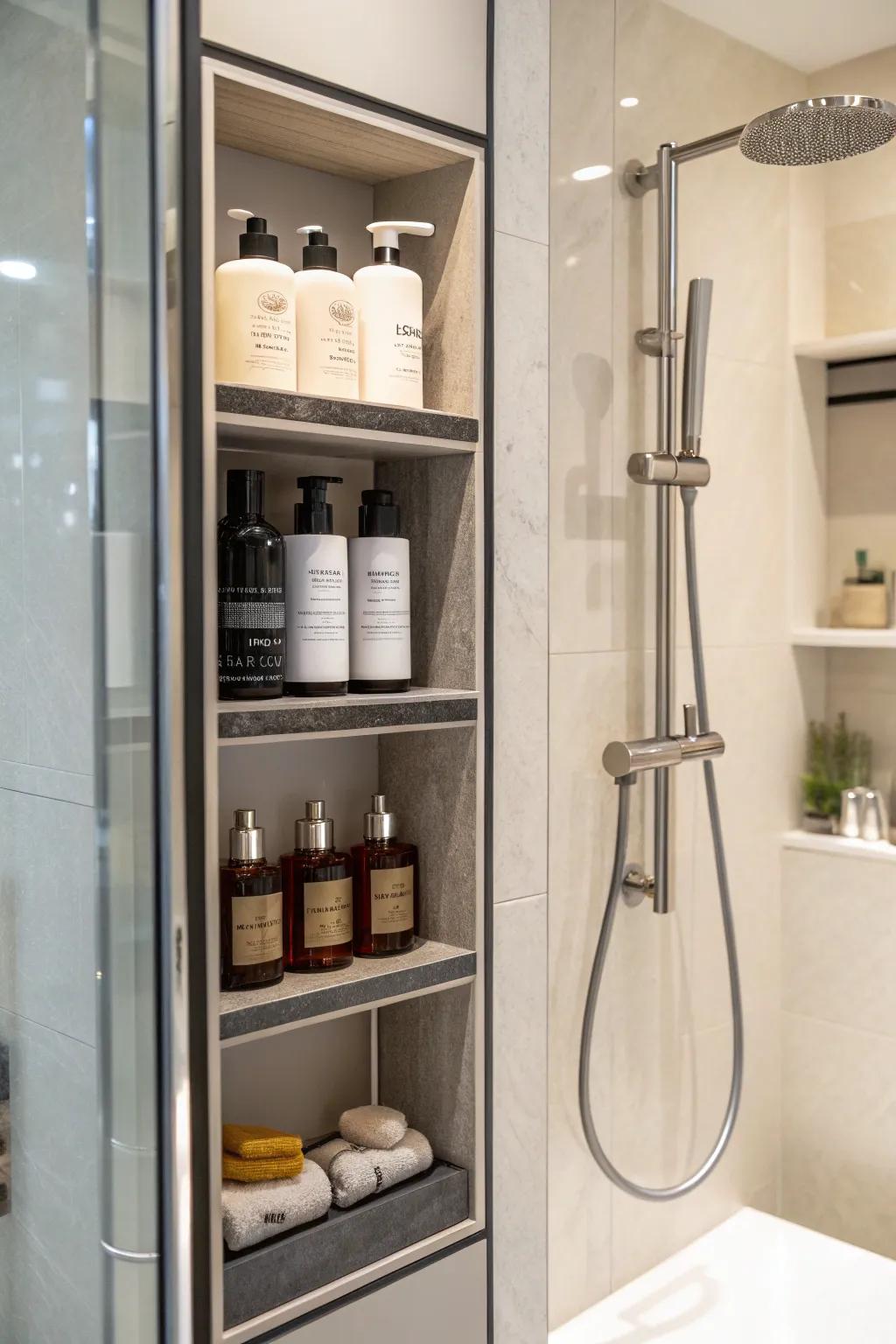 A shower stall with integrated shelving for convenient storage.