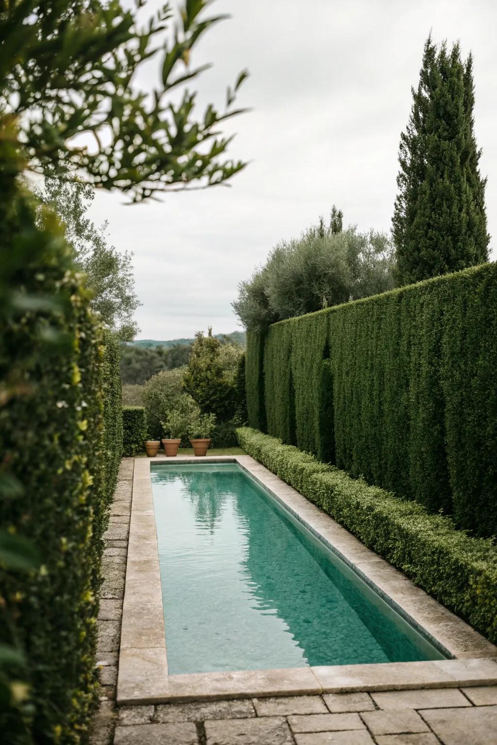 Hedges offer privacy and a lush, natural backdrop.