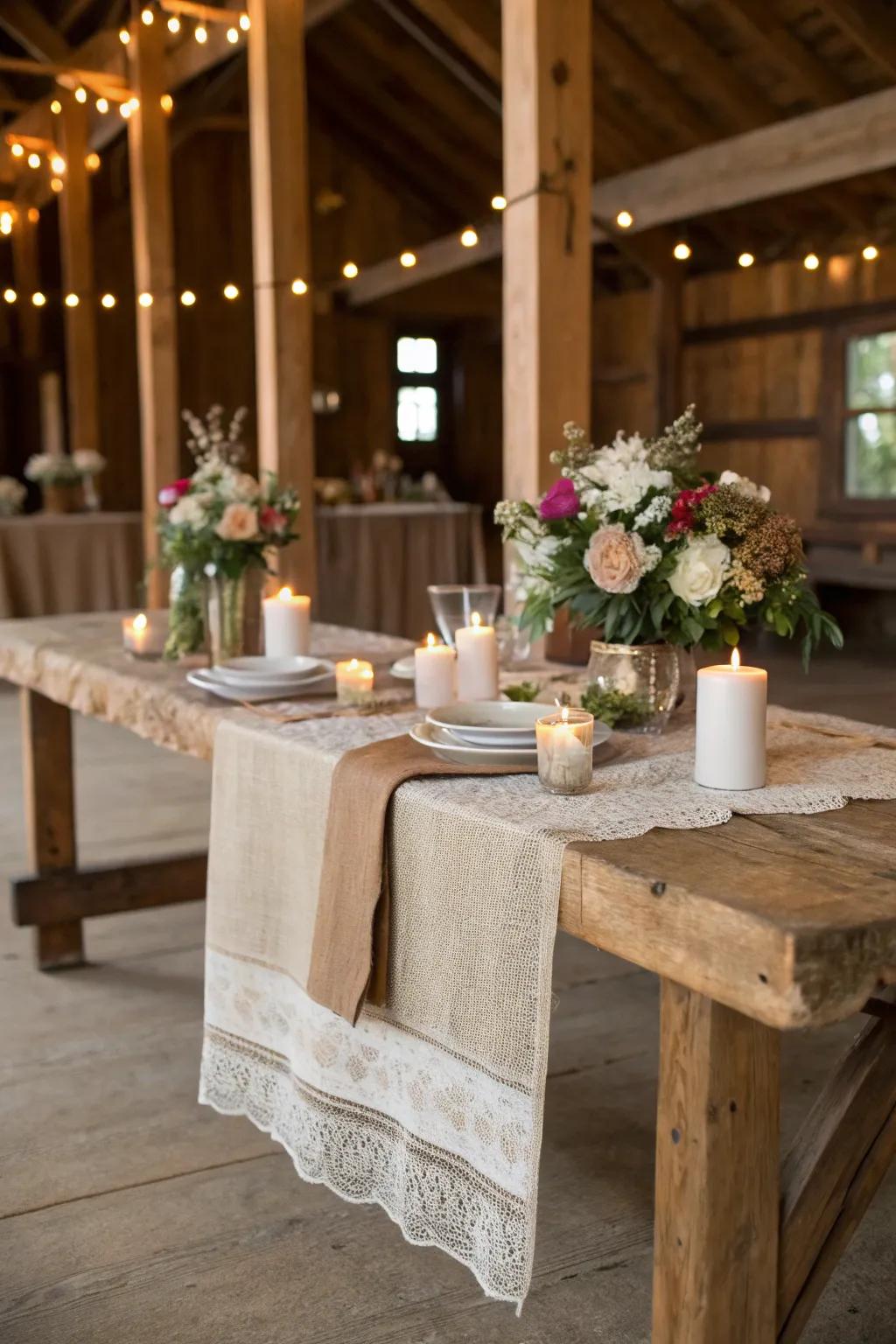 Textured jute and flax runners on a rustic table.
