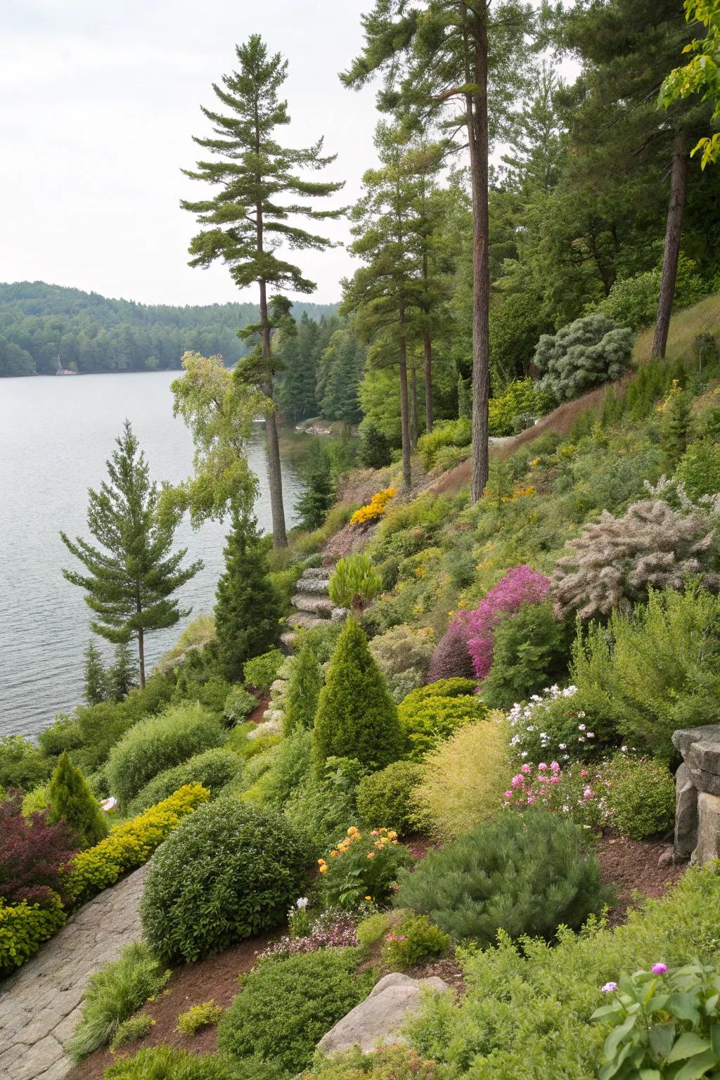 Layers of lush vegetation create a dynamic lakeside landscape.