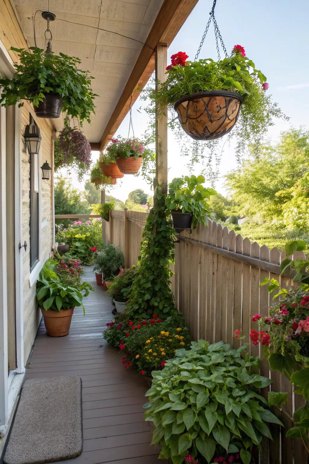 Lush greenery adds a refreshing touch to a small back porch.