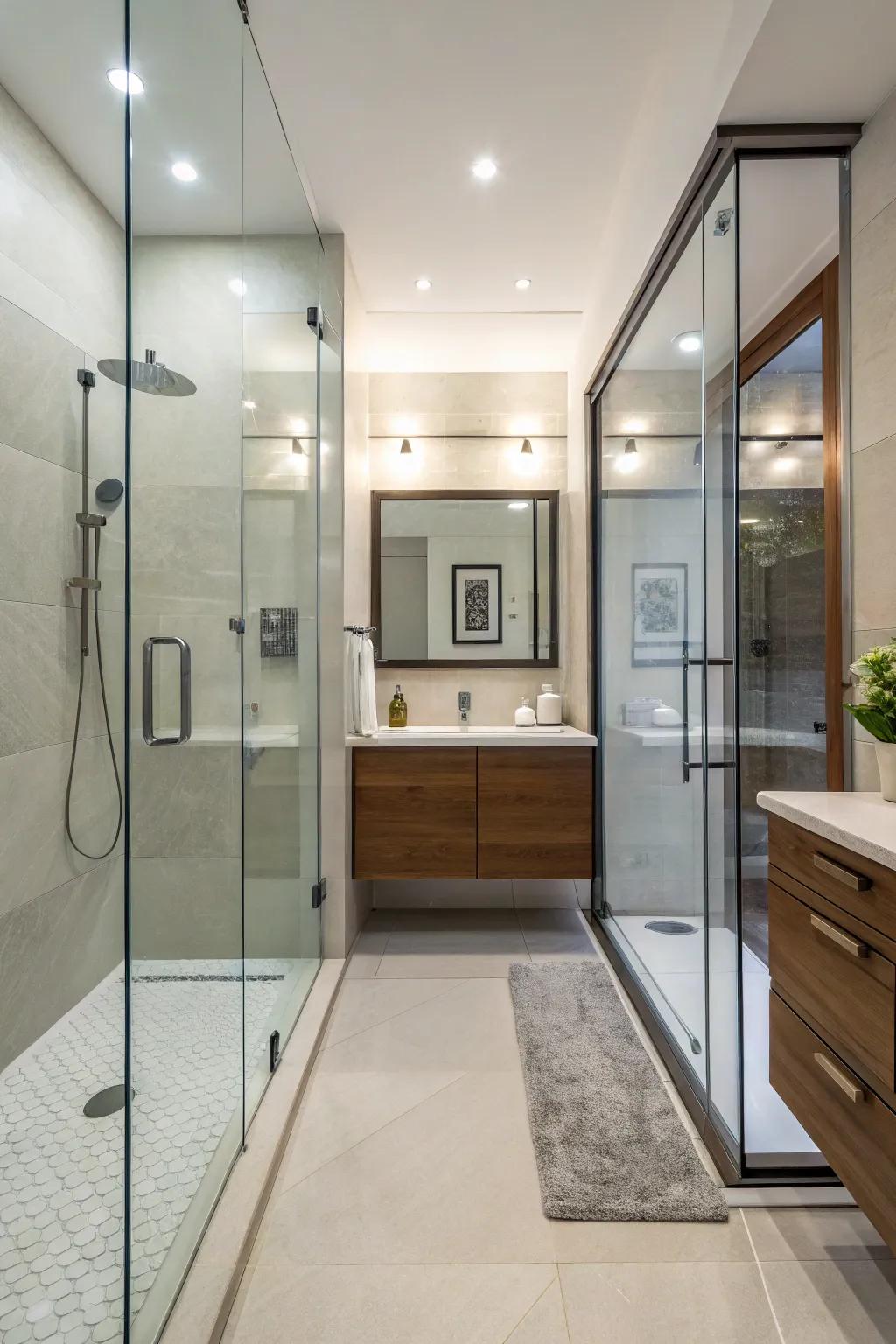 A frameless glass shower door adds openness to a compact bathroom.