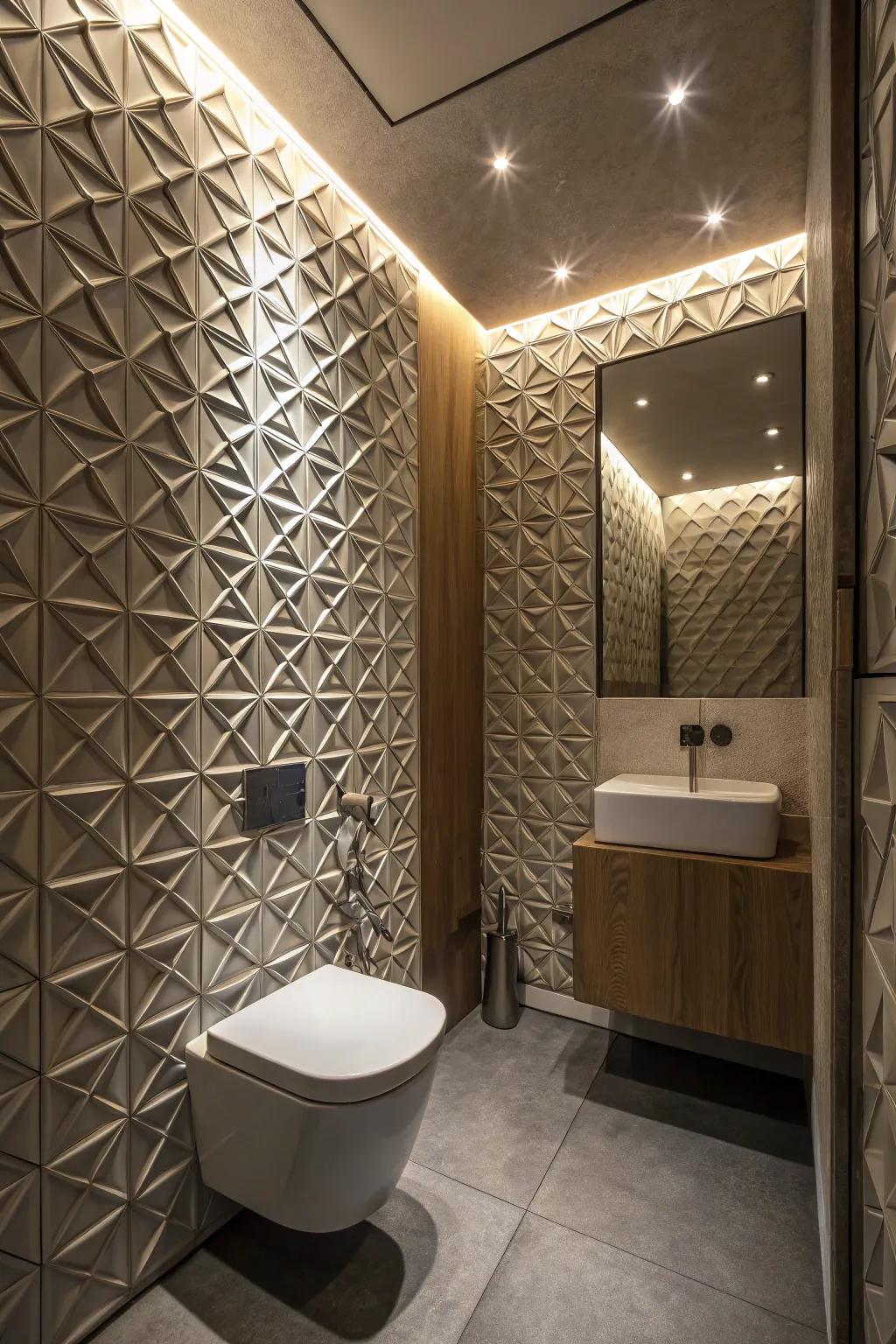 3D geometric panels in a small bathroom, adding a modern and artistic touch.