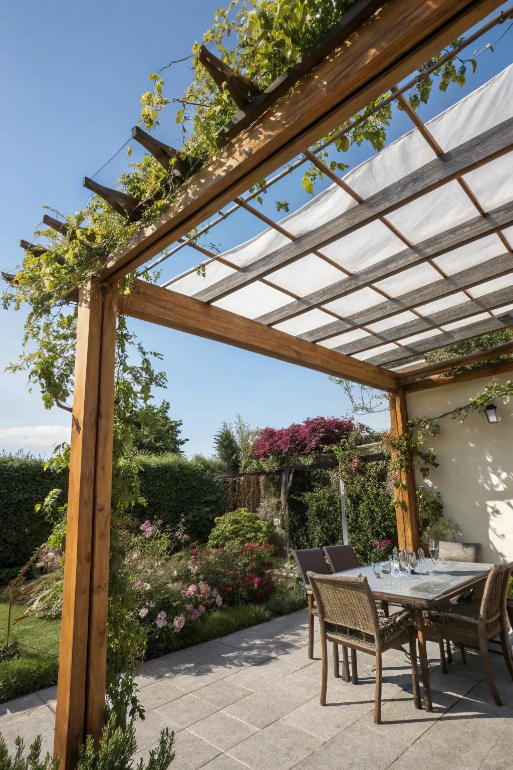 A retractable roof adds versatility to a small patio pergola.