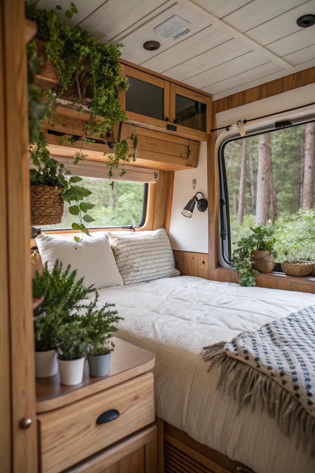 Natural elements like wood and plants bring tranquility to your RV bedroom.