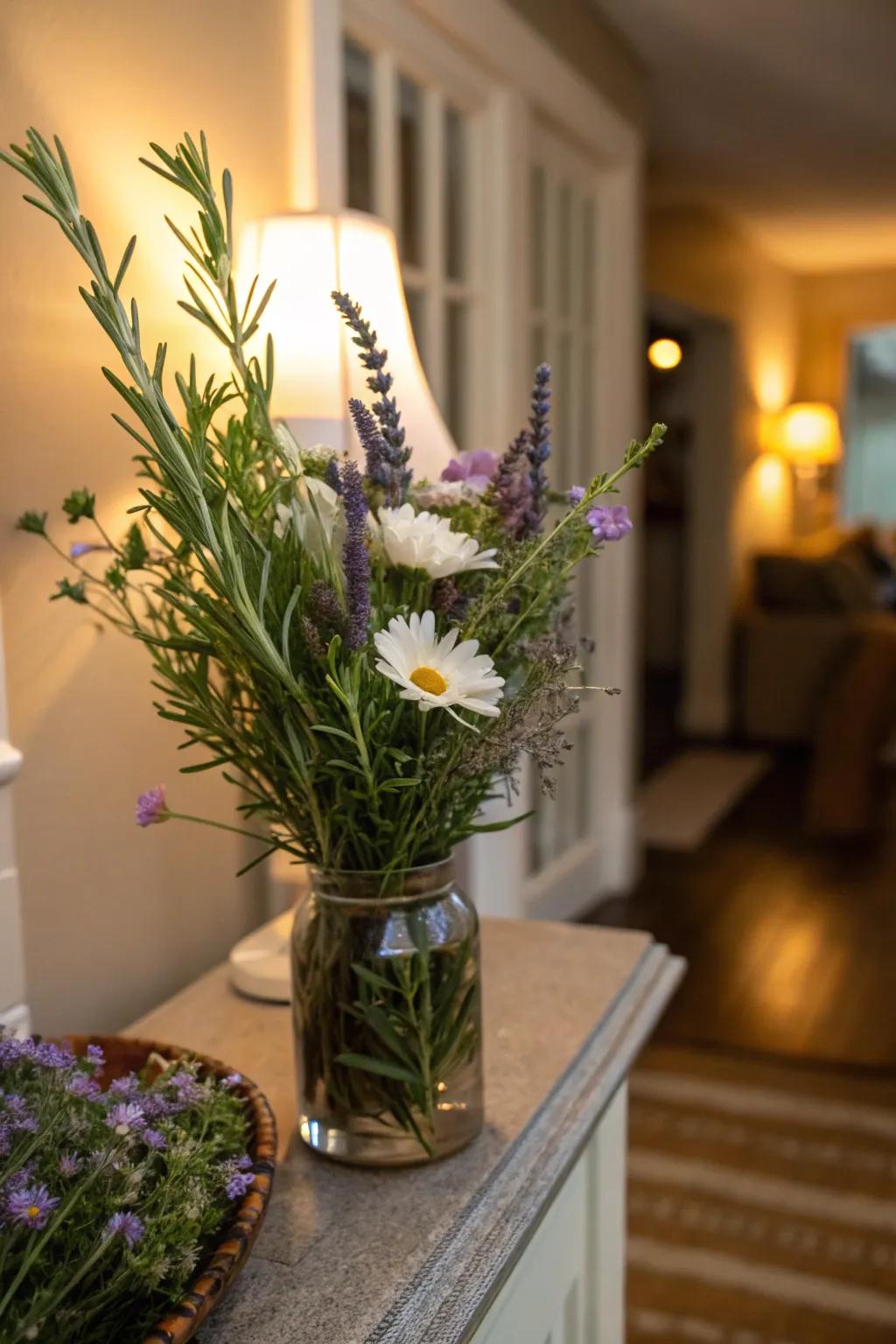 Herbs and flowers create a fragrant and welcoming entryway display.