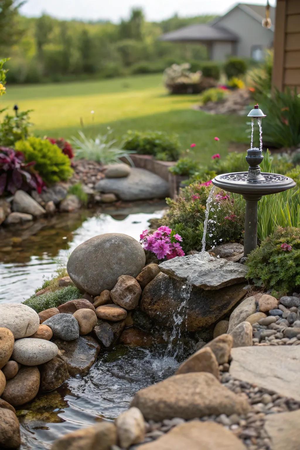 A natural rock garden complemented by a solar-powered fountain.