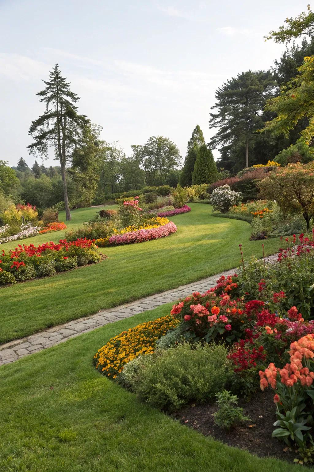 A naturalistic garden setting that merges grass with flower beds.