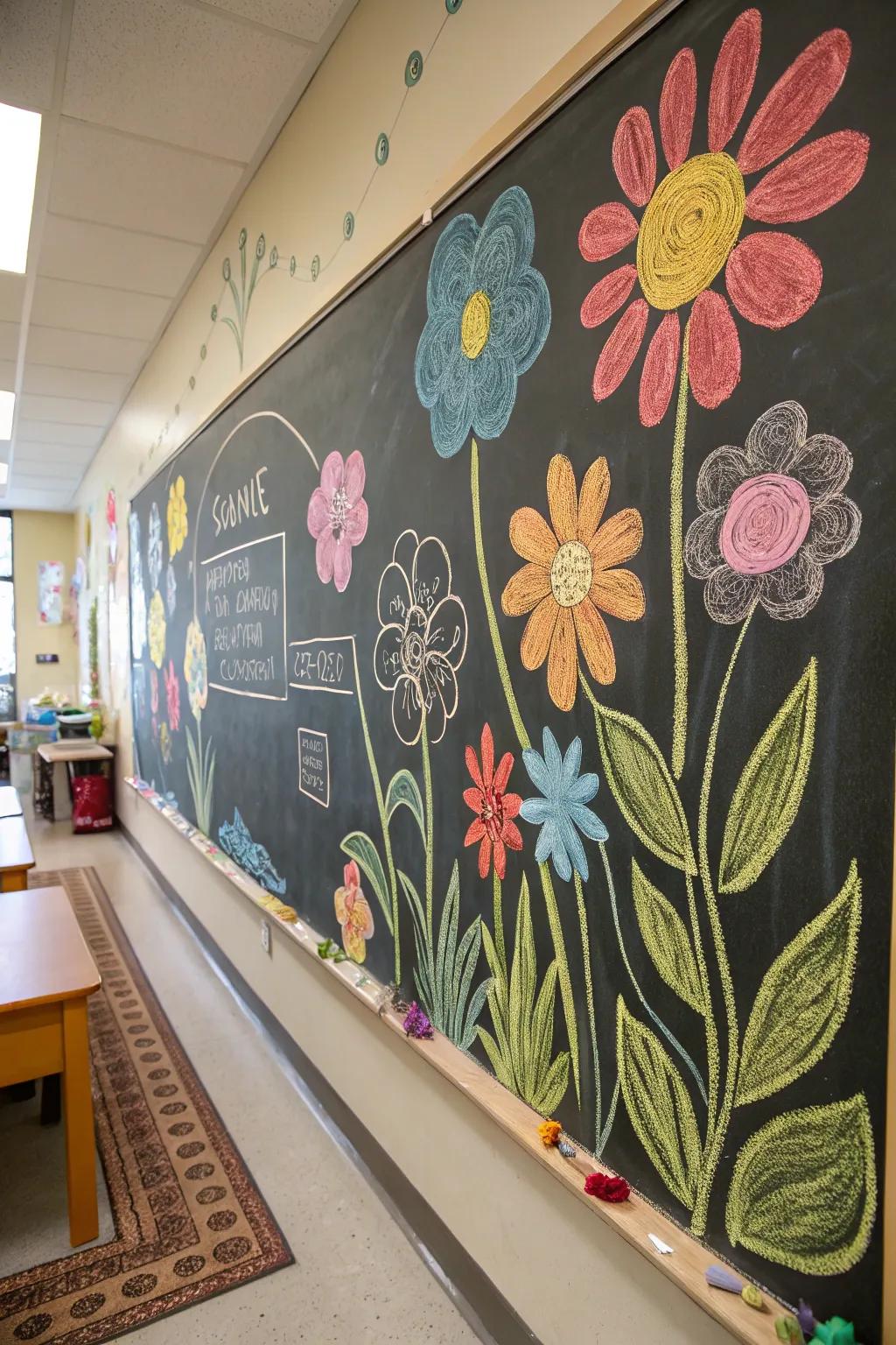 A chalkboard bulletin board with hand-drawn spring blooms in vibrant colors.