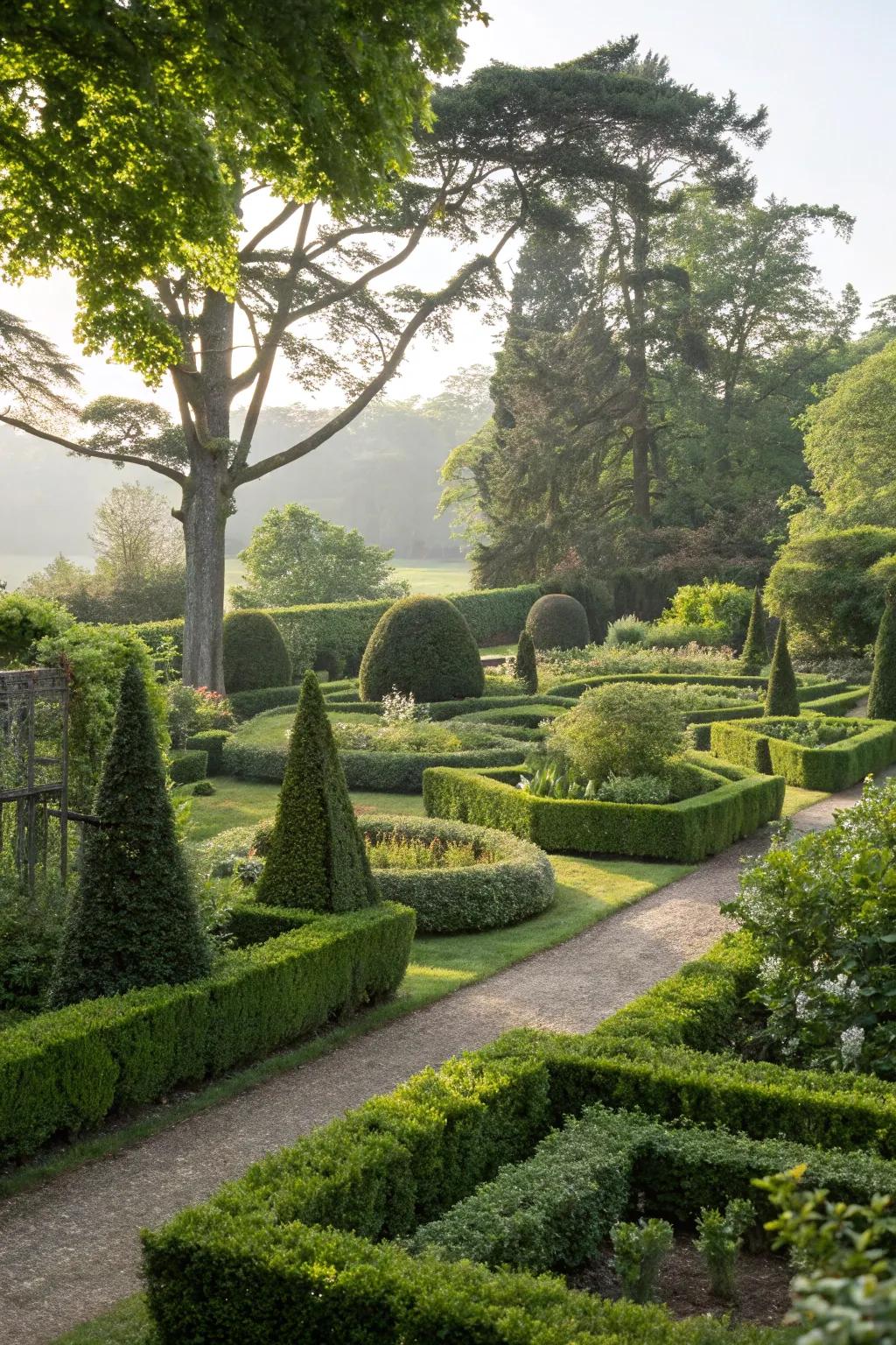 Hedges and bushes providing structure and appeal.