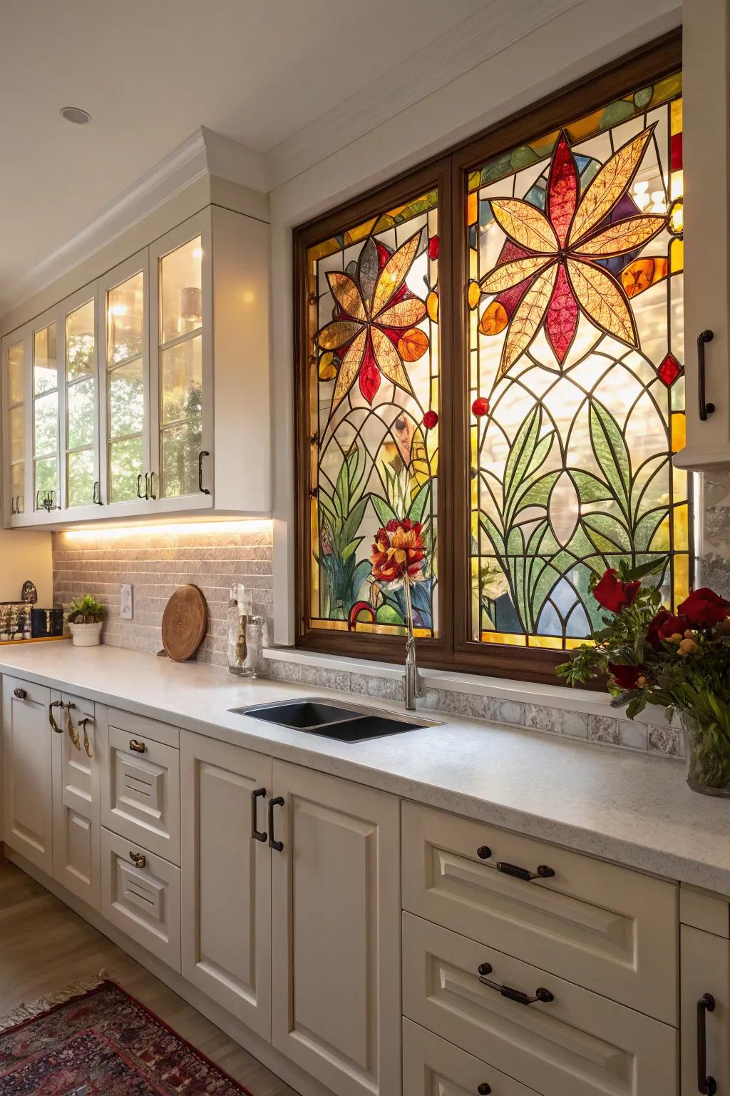 A stained glass backsplash adds a unique charm to any kitchen.