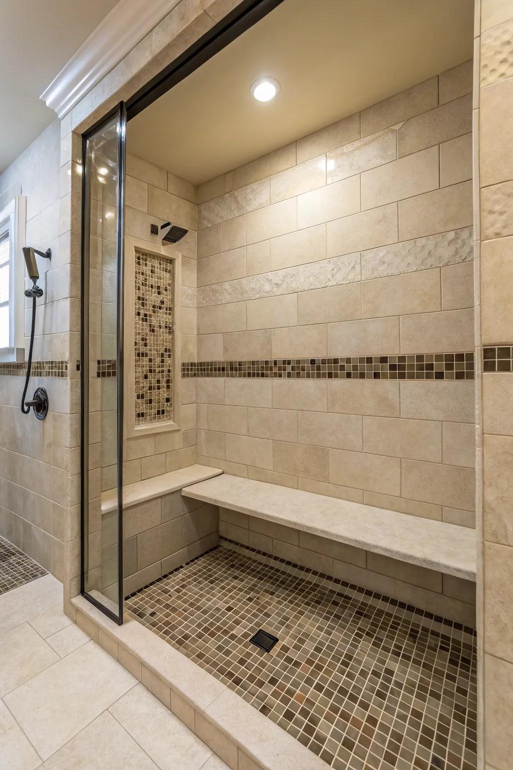 A built-in bench offers a comfortable spot to relax in the shower.