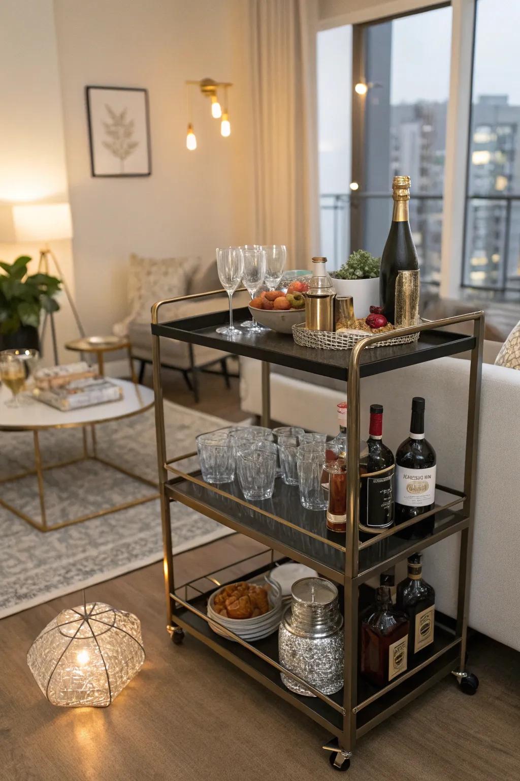 A bar cart adds a touch of elegance and versatility to your space.