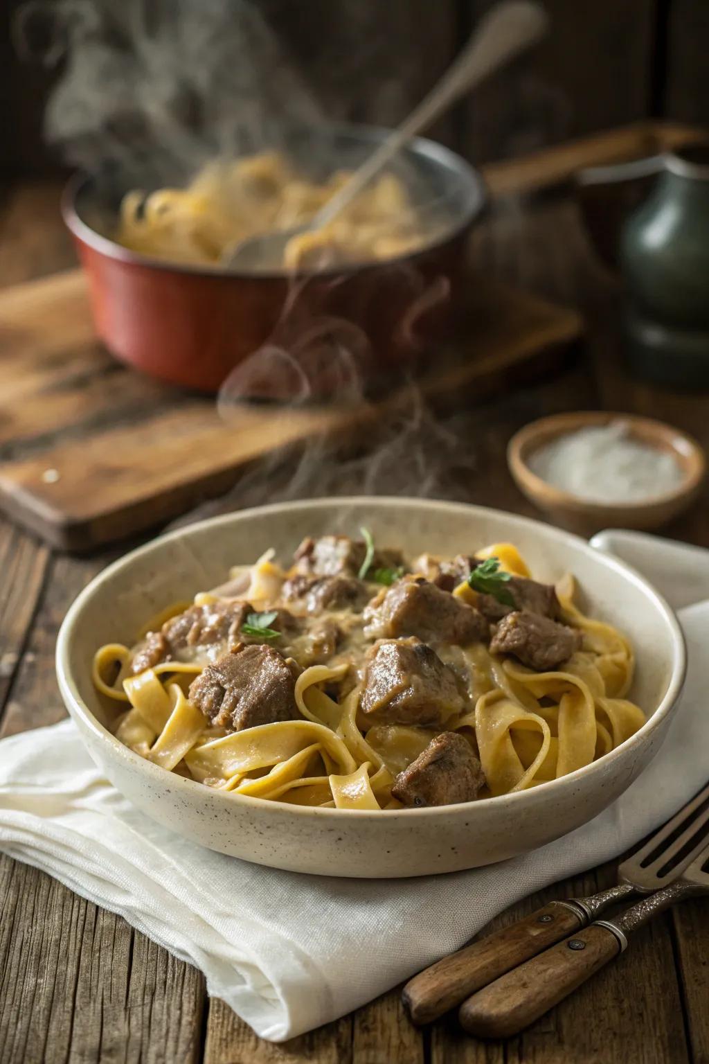 Classic beef stroganoff casserole, a nod to traditional comfort food.