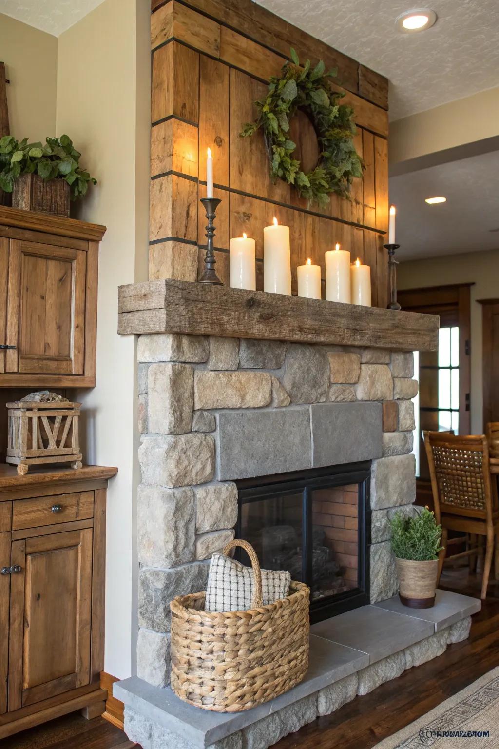 A high mantel exhibiting countryside elegance through timber and rock elements.