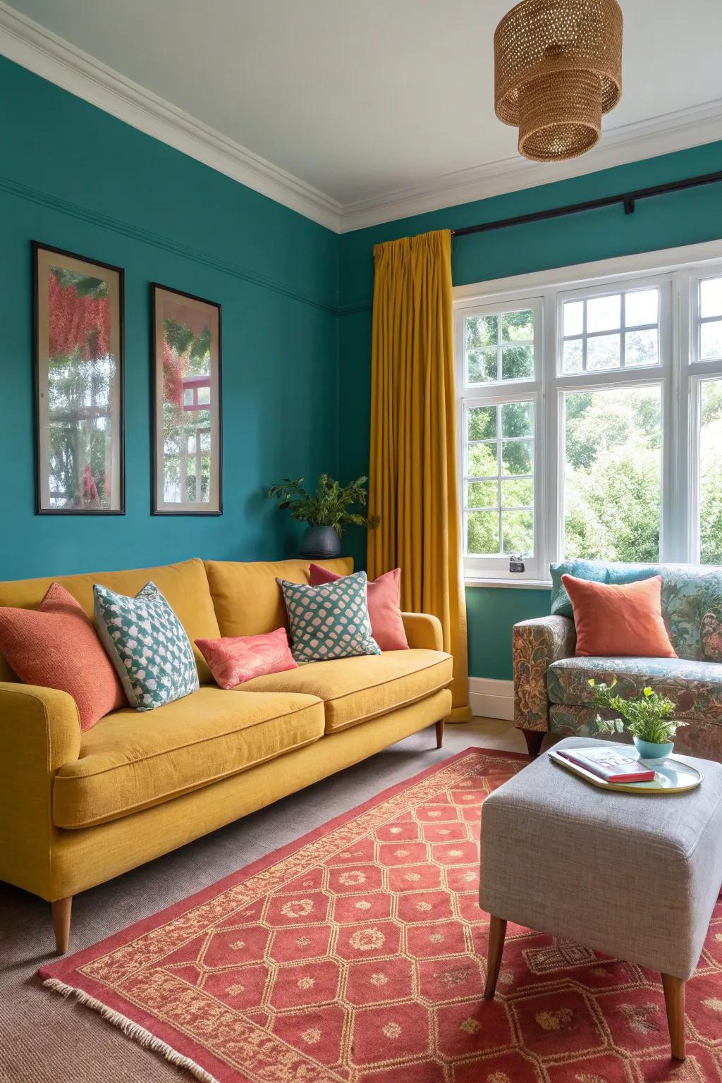 The warmth and depth of mustard and coral highlights complement the teal-themed room beautifully.