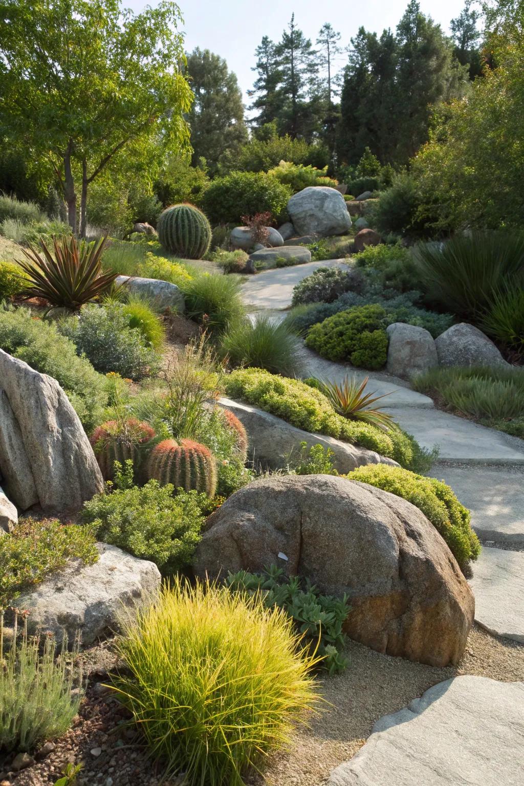 A tranquil rock garden showcasing natural beauty and resilience.