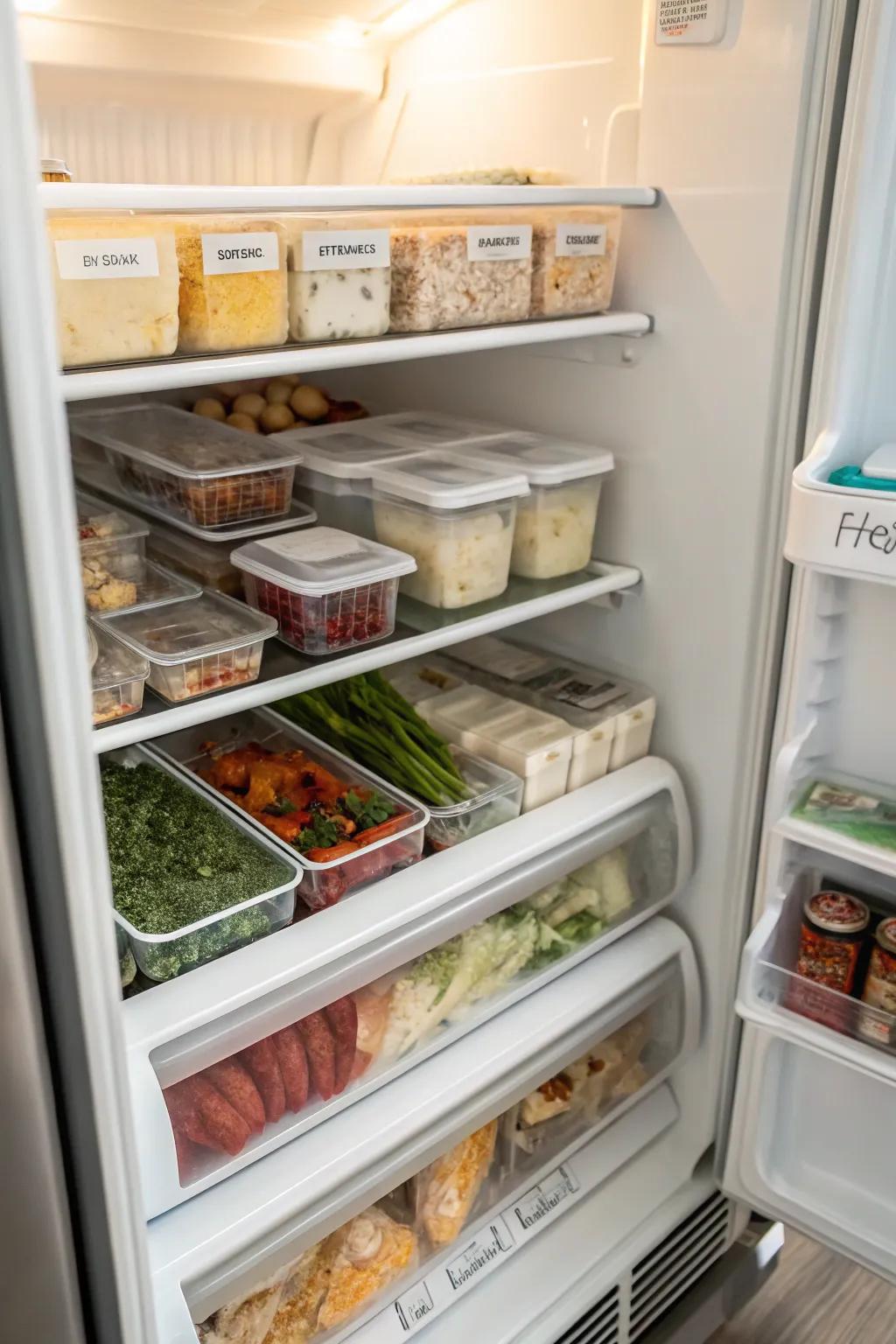 Dividers inside a top freezer creating distinct zones for different food categories.