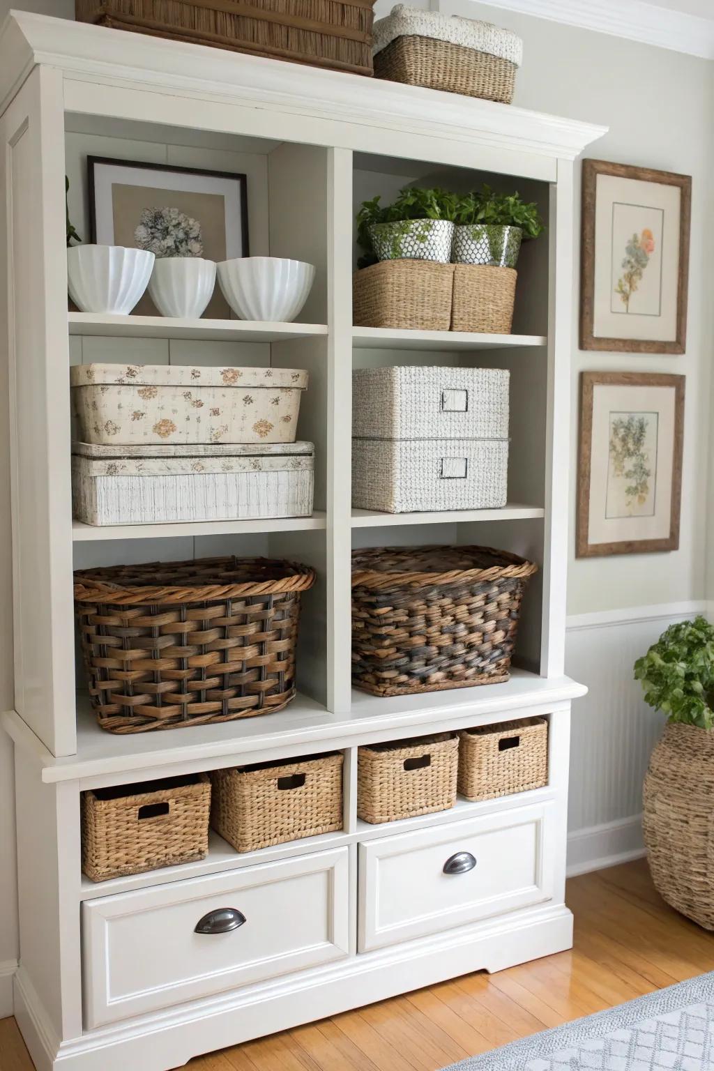 Decorative baskets add texture and keep things organized.