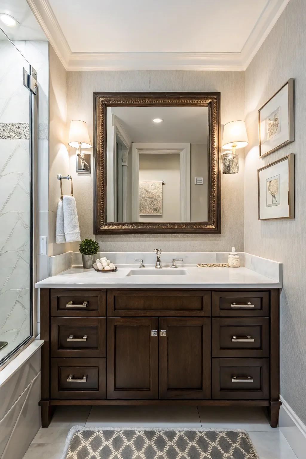 A bathroom featuring a statement mirror that enhances the vanity area.