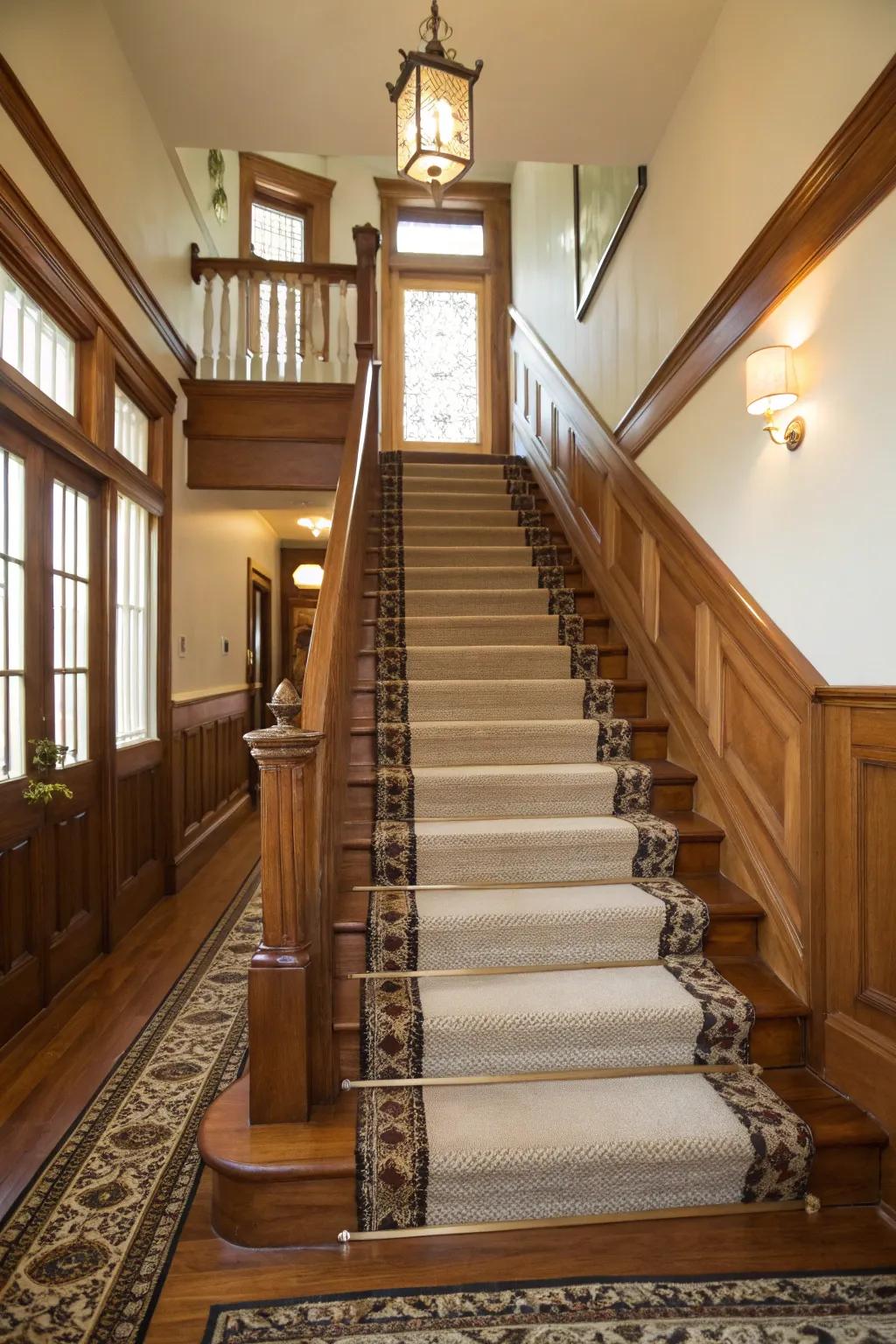 A staircase transformed with elegant wooden trim.