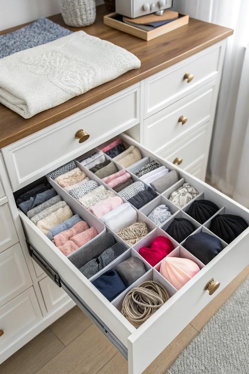 Layered storage for optimized drawer space.