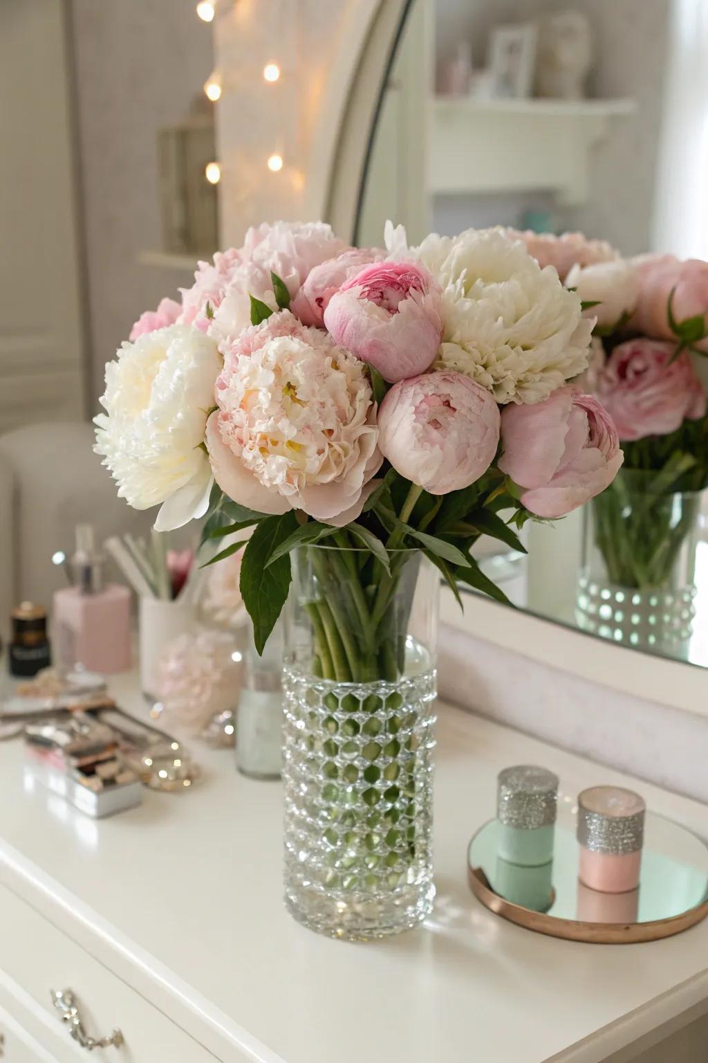 Romantic peony arrangement infusing elegance into a dressing area.